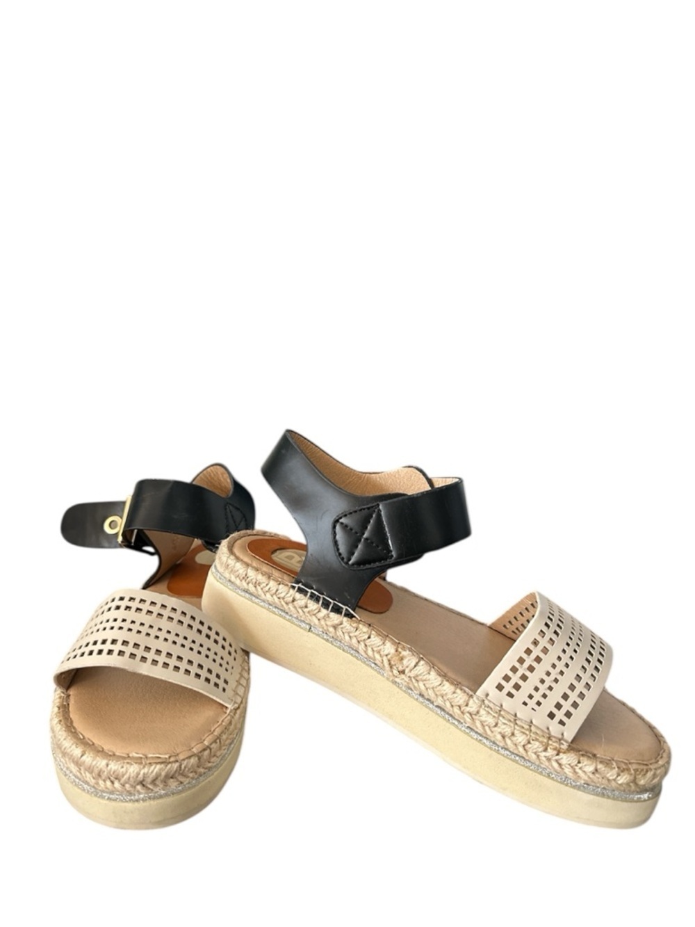 Laura Biagiotti Platform Size 37 Beige & Black Leather Straps Gold Sandals